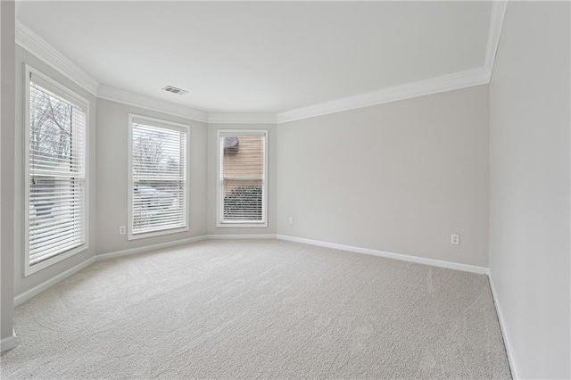 spare room featuring crown molding and light colored carpet