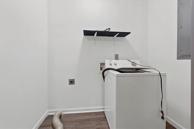 washroom with washer / clothes dryer, baseboards, dark wood-style flooring, and laundry area