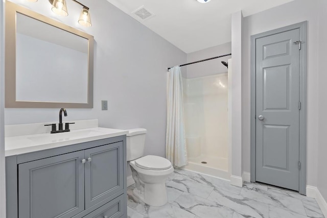 full bath with a stall shower, visible vents, toilet, marble finish floor, and vanity