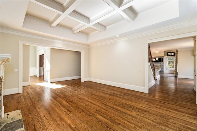 unfurnished living room featuring beamed ceiling, dark hardwood / wood-style floors, crown molding, and coffered ceiling