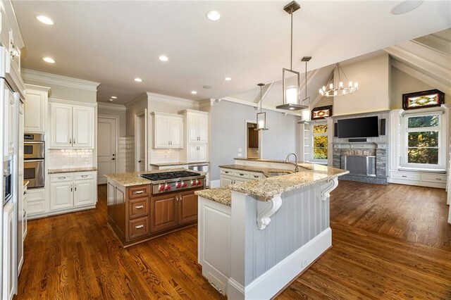 kitchen featuring white cabinetry, stainless steel appliances, a large island with sink, and dark wood-type flooring