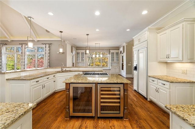 kitchen with white cabinetry, wine cooler, and dark wood-type flooring