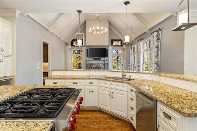 kitchen featuring sink, stainless steel appliances, light stone counters, lofted ceiling with beams, and dark hardwood / wood-style floors