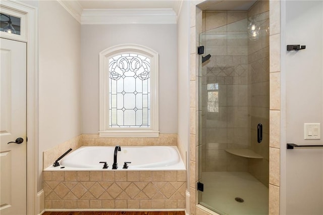 bathroom with plus walk in shower and ornamental molding