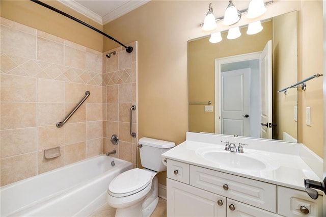 full bathroom featuring vanity, toilet, tiled shower / bath, and ornamental molding