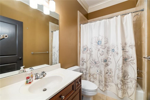 full bathroom with vanity, shower / tub combo with curtain, crown molding, tile patterned flooring, and toilet