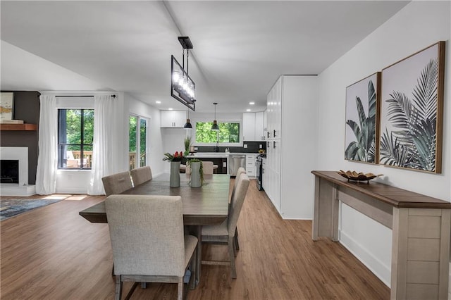 dining area with a fireplace, light wood-type flooring, and sink