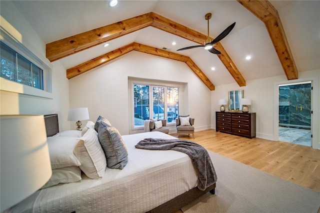 bedroom featuring vaulted ceiling with beams, wood finished floors, recessed lighting, and baseboards