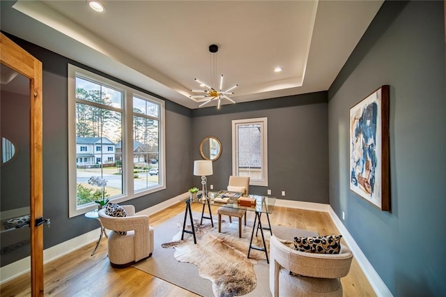 office space featuring a tray ceiling, wood finished floors, and baseboards
