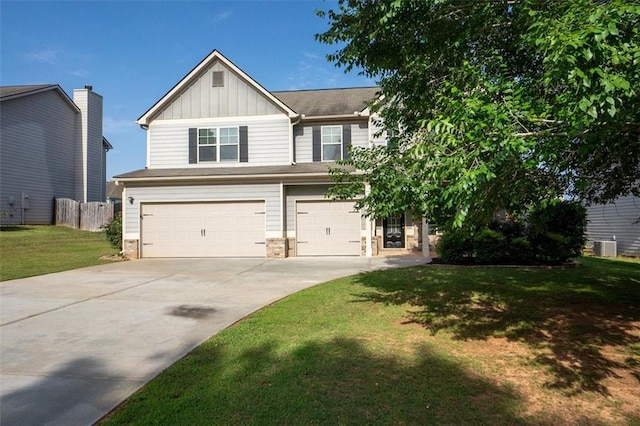 9120 Alden Dr, Locust Grove, GA 30248 - view of front facade featuring board and batten siding, an attached garage, driveway, and stone siding