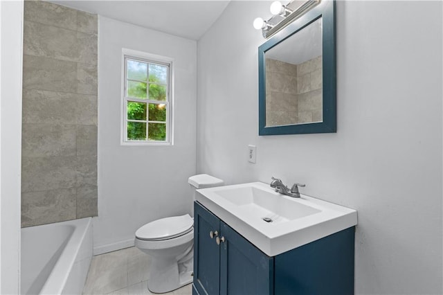 bathroom featuring vanity, toilet, walk in shower, tile patterned floors, and a bathing tub