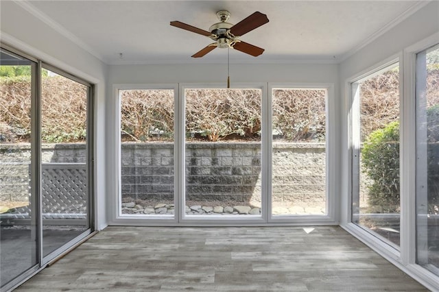 unfurnished sunroom with ceiling fan