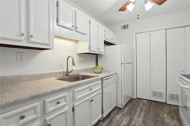 kitchen featuring dark hardwood / wood-style floors, dishwasher, sink, white cabinets, and ceiling fan