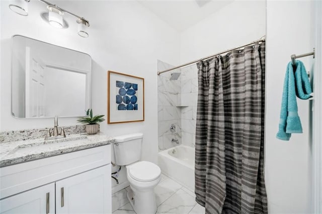 full bath with vanity, toilet, shower / bath combo, and marble finish floor