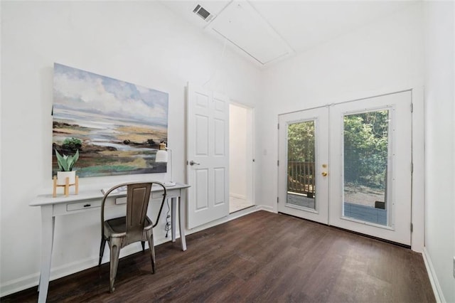 home office featuring visible vents, baseboards, attic access, dark wood-style flooring, and french doors