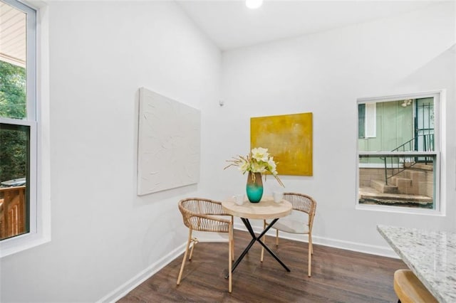 dining space with baseboards and dark wood-style flooring