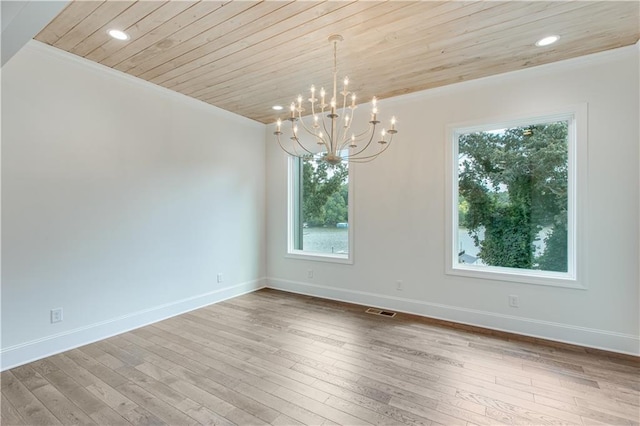 unfurnished dining area featuring hardwood / wood-style flooring, an inviting chandelier, ornamental molding, and wood ceiling