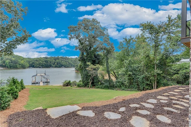 view of yard featuring a dock and a water view