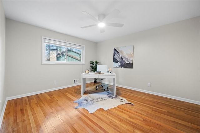 home office featuring hardwood / wood-style flooring and ceiling fan