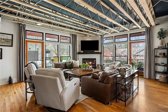 living area featuring wood finished floors, baseboards, plenty of natural light, and a glass covered fireplace