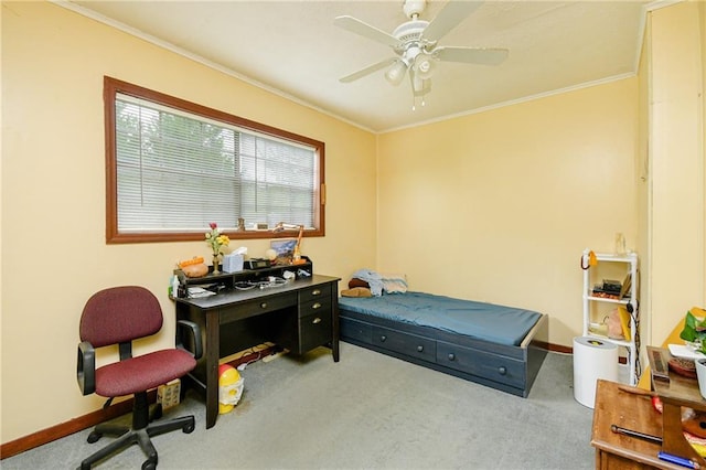 bedroom with carpet floors, baseboards, ornamental molding, and a ceiling fan