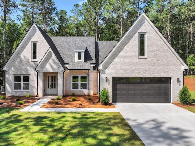 2335 Azalea Dr, Loganville, GA 30052 - view of front facade featuring a garage, brick siding, driveway, a front yard, and a shingled roof