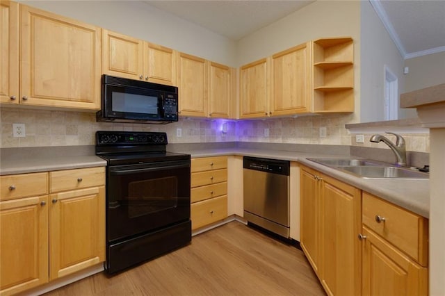 8020 Woodland Ln, Alpharetta, GA 30009 - kitchen with black appliances, light brown cabinetry, a sink, ornamental molding, and light wood-style flooring