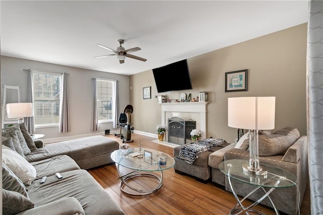 living room featuring ceiling fan and wood-type flooring