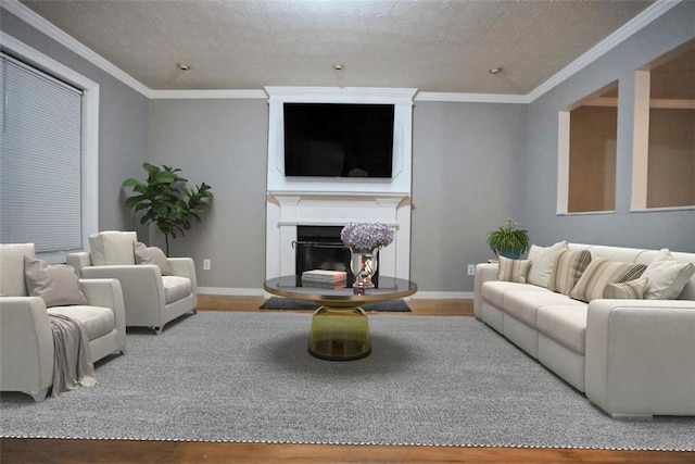 living room with a textured ceiling, a large fireplace, crown molding, and wood-type flooring