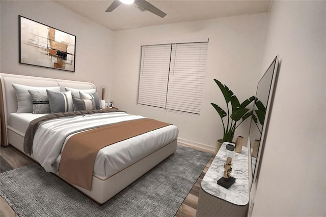 bedroom with ceiling fan and dark wood-type flooring