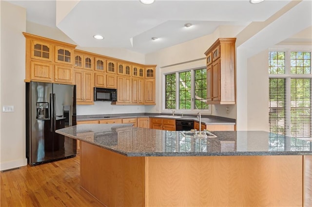267 Starcross Ln, Jasper, GA 30143 - kitchen featuring black appliances, a sink, light wood finished floors, glass insert cabinets, and recessed lighting