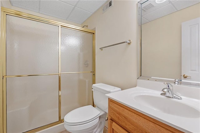 267 Starcross Ln, Jasper, GA 30143 - bathroom featuring a paneled ceiling, toilet, vanity, and a stall shower