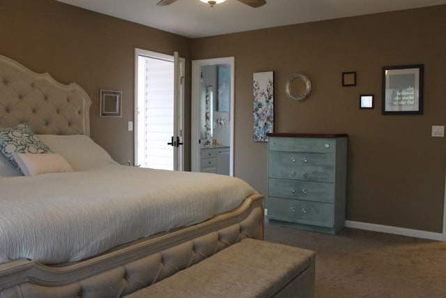 bedroom featuring carpet, baseboards, ensuite bathroom, and ceiling fan