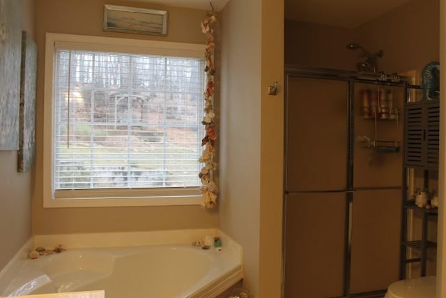 bathroom with a stall shower, toilet, and a garden tub