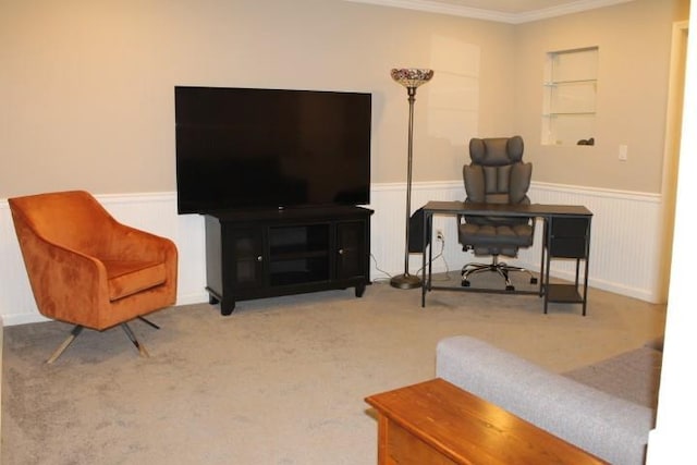 home office featuring wainscoting, carpet, and ornamental molding