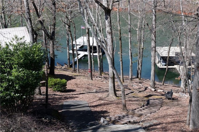 view of yard with a water view, boat lift, and a dock