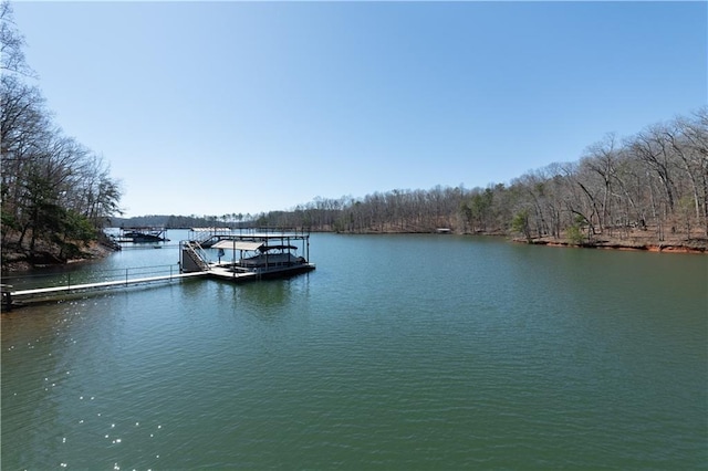 property view of water featuring a forest view and a floating dock