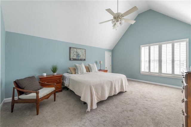 bedroom featuring baseboards, high vaulted ceiling, carpet, and a ceiling fan