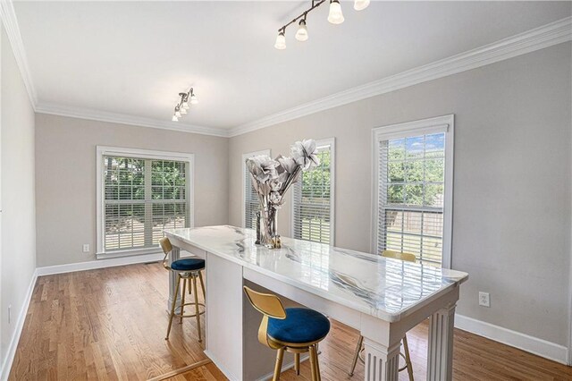 dining space featuring rail lighting, plenty of natural light, crown molding, and wood finished floors