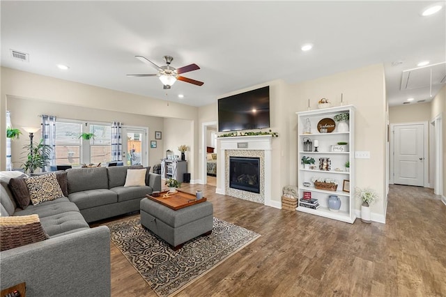 3735 Westhaven Dr, Cumming, GA 30040 - living area with attic access, a ceiling fan, wood finished floors, a fireplace, and recessed lighting