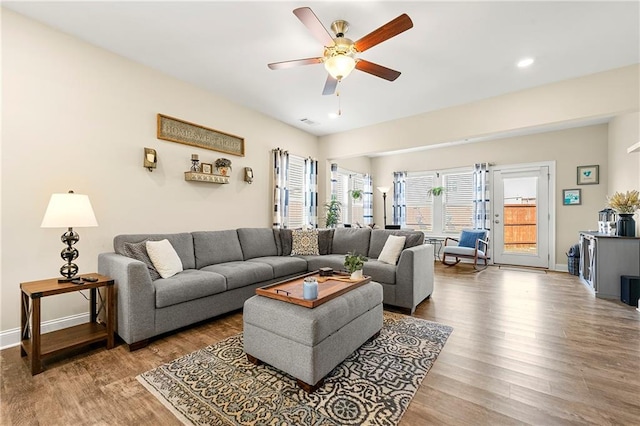 3735 Westhaven Dr, Cumming, GA 30040 - living room with wood finished floors, a ceiling fan, and recessed lighting
