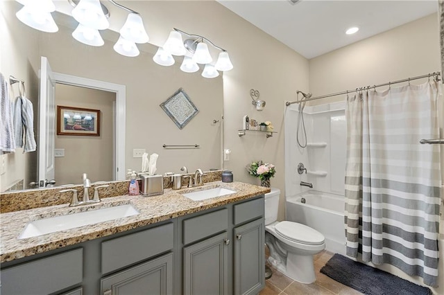 3735 Westhaven Dr, Cumming, GA 30040 - full bath featuring double vanity, shower / bath combo with shower curtain, and tile patterned flooring
