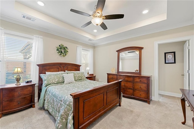 3735 Westhaven Dr, Cumming, GA 30040 - bedroom featuring a raised ceiling, light carpet, recessed lighting, and ceiling fan