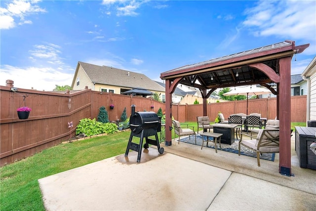 3735 Westhaven Dr, Cumming, GA 30040 - fenced backyard with a gazebo, an outdoor living space with a fire pit, a patio area, and grilling area