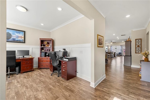 3735 Westhaven Dr, Cumming, GA 30040 - home office with ornamental molding, wood finished floors, ceiling fan, and recessed lighting