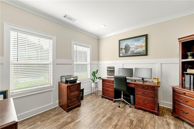 3735 Westhaven Dr, Cumming, GA 30040 - office featuring ornamental molding, wood finished floors, wainscoting, and a decorative wall