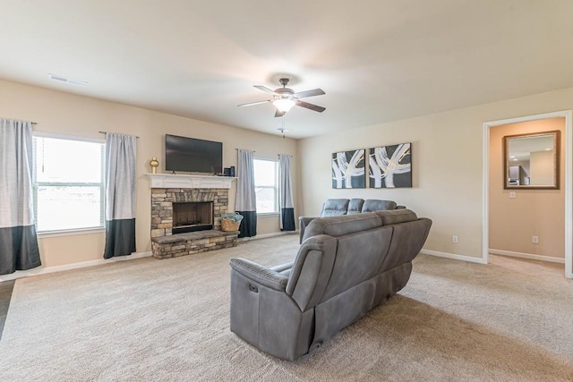 171 Osier Dr, Mcdonough, GA 30252 - living area featuring carpet, baseboards, ceiling fan, and a fireplace