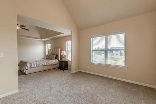 171 Osier Dr, Mcdonough, GA 30252 - bedroom featuring carpet flooring, baseboards, vaulted ceiling, and a ceiling fan