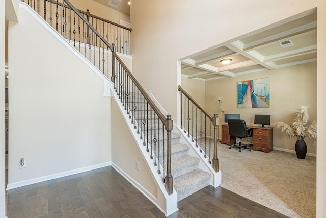 171 Osier Dr, Mcdonough, GA 30252 - stairway with hardwood / wood-style floors, baseboards, beamed ceiling, coffered ceiling, and ornamental molding