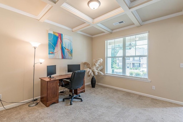 171 Osier Dr, Mcdonough, GA 30252 - office area with coffered ceiling, beam ceiling, carpet flooring, ornamental molding, and baseboards